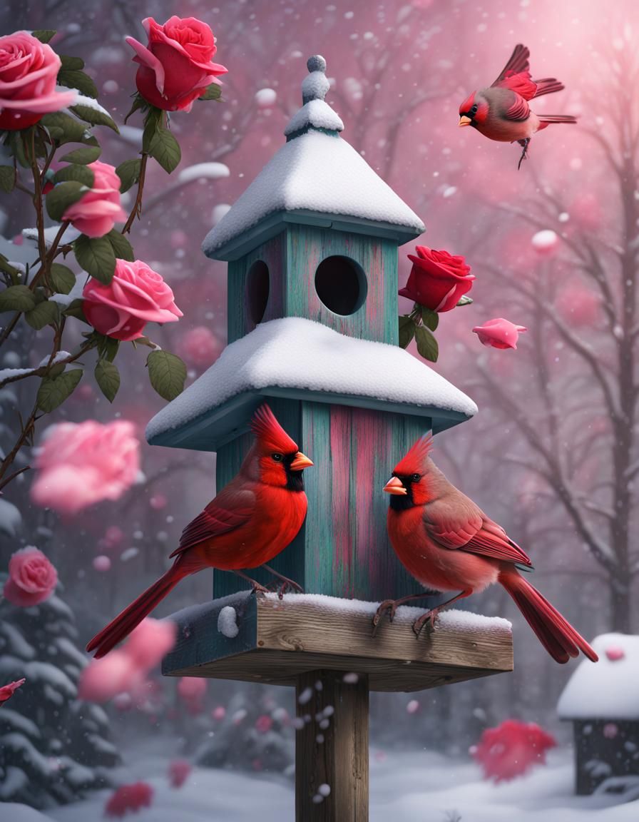 Cardinals and Roses in Winter: Detailed Matte Painting