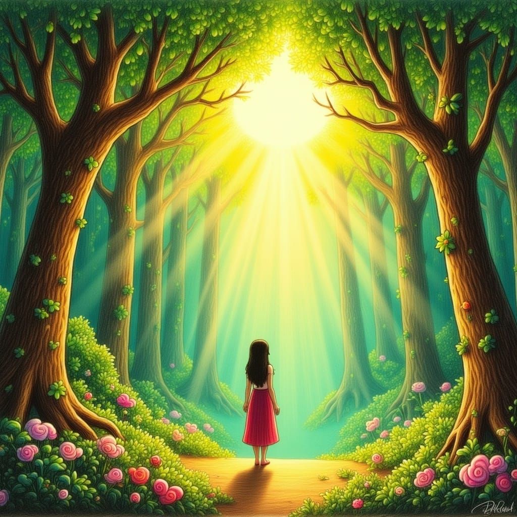 Woman in Forest: Kinkade, Brown, and Monet Styles