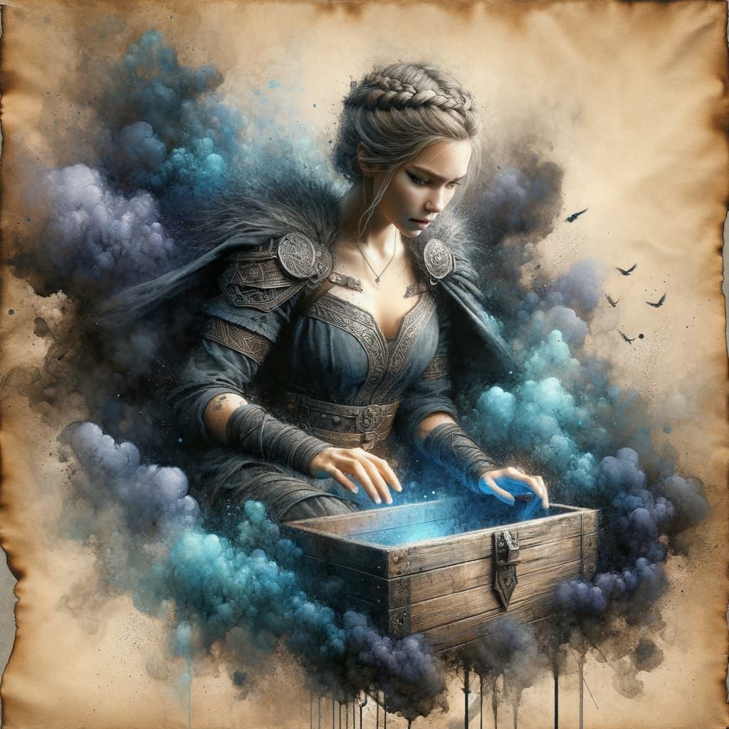 Norse Goddess Examining Contents of Wooden Box