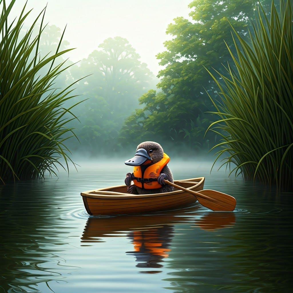 Duck-Billed Platypus Paddling in Canoe, Impressionistic Styl...