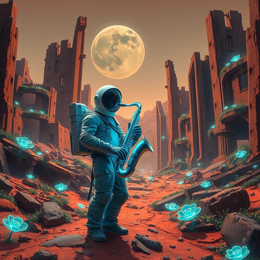 Retrofuturistic Astronaut Plays Saxophone Amidst Mars Ruins ...