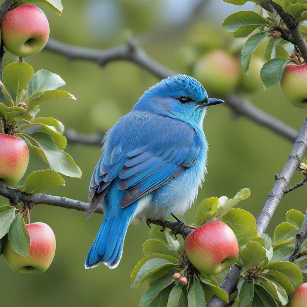 A Delicate Blue Bird Perched on a Lush Apple Tree in Waterco...