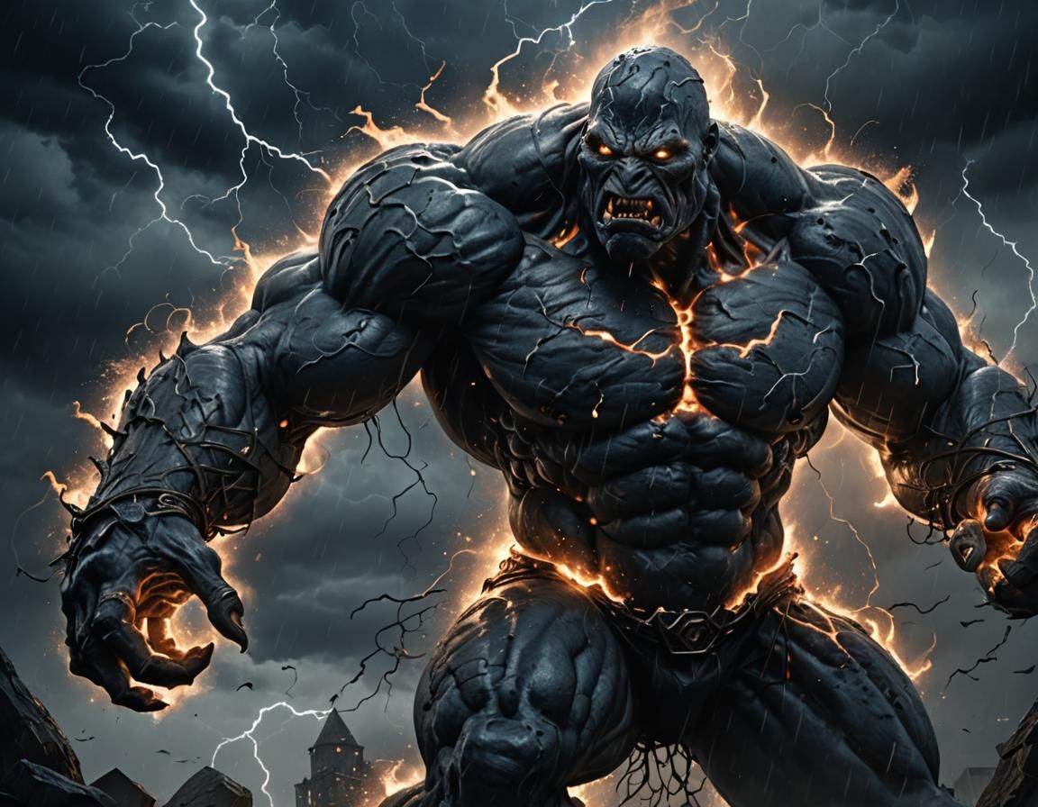 Muscular Golem in Moonlit Storm, Dark Fantasy Art