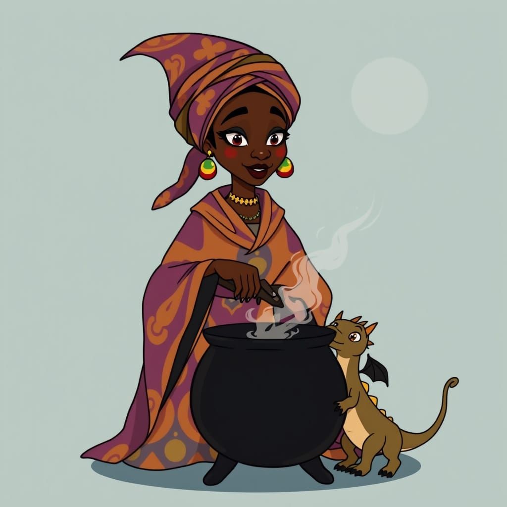 African Witch and Dragon Cartoon