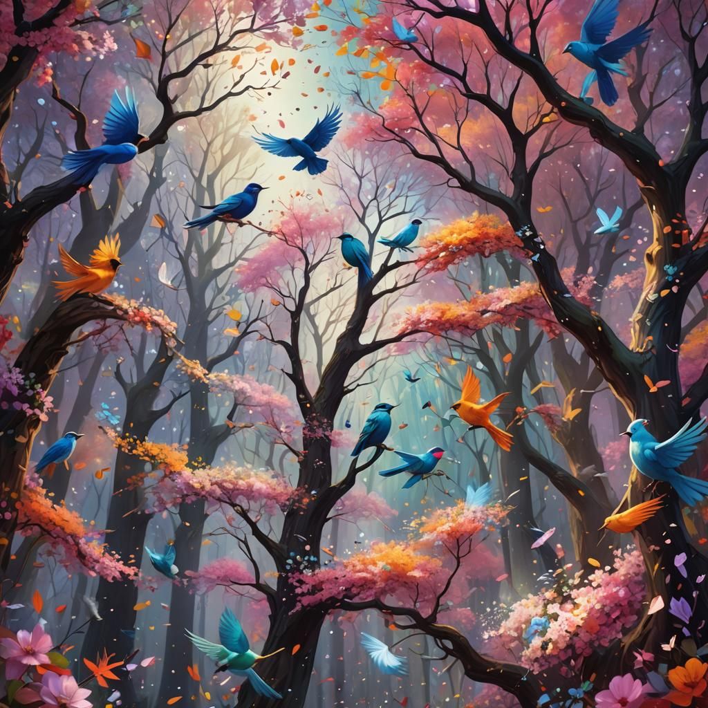 Colorful Forest with Magical Birds, Matte Painting
