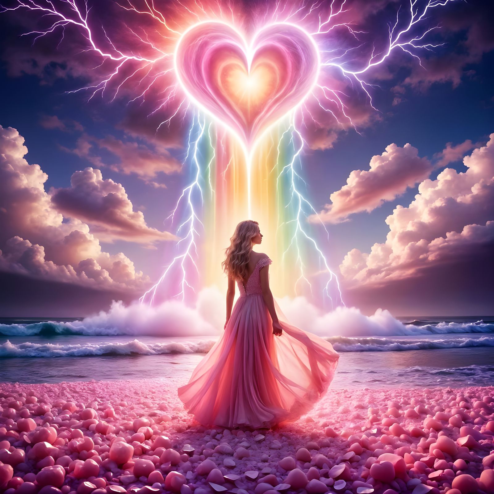 Heart Lightning over Rainbow Waterfall, Dreamcore Aesthetic