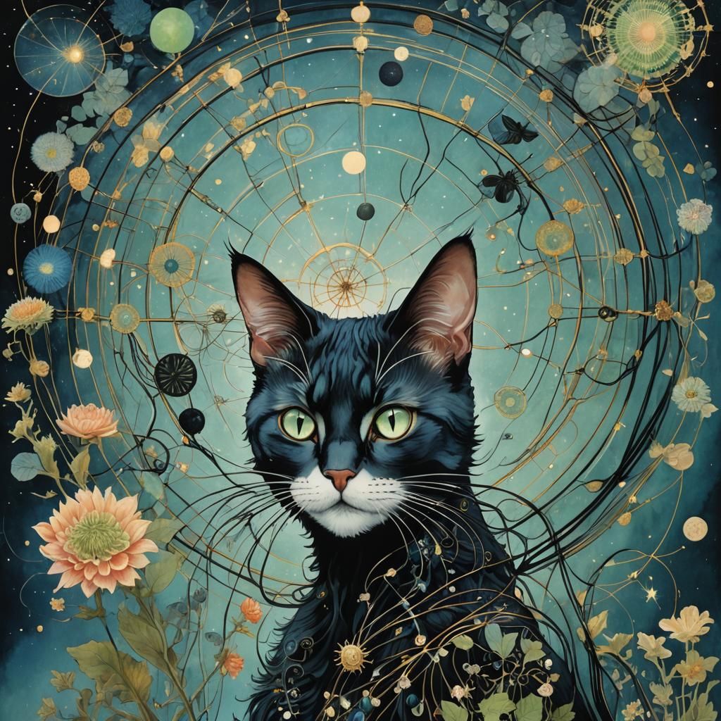 Watercolor Black Cat Double Exposure in Floral Collage