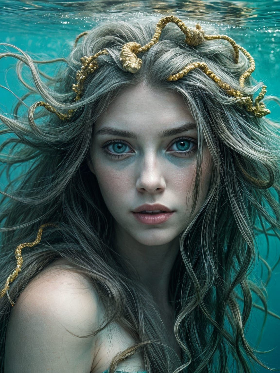 Mystical Sea Goddess Portrait in Dreamlike Underwater Scene