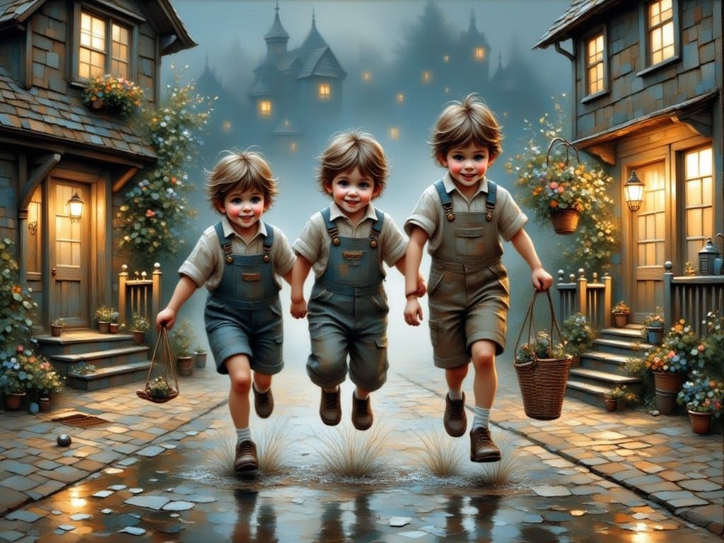 Joyful Rascals Leap into Evening Puddles in Whimsical Style