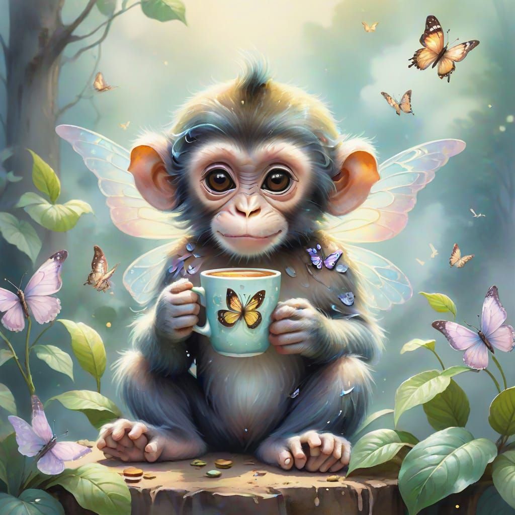 Baby Monkey with Butterfly Wings: Watercolor Art
