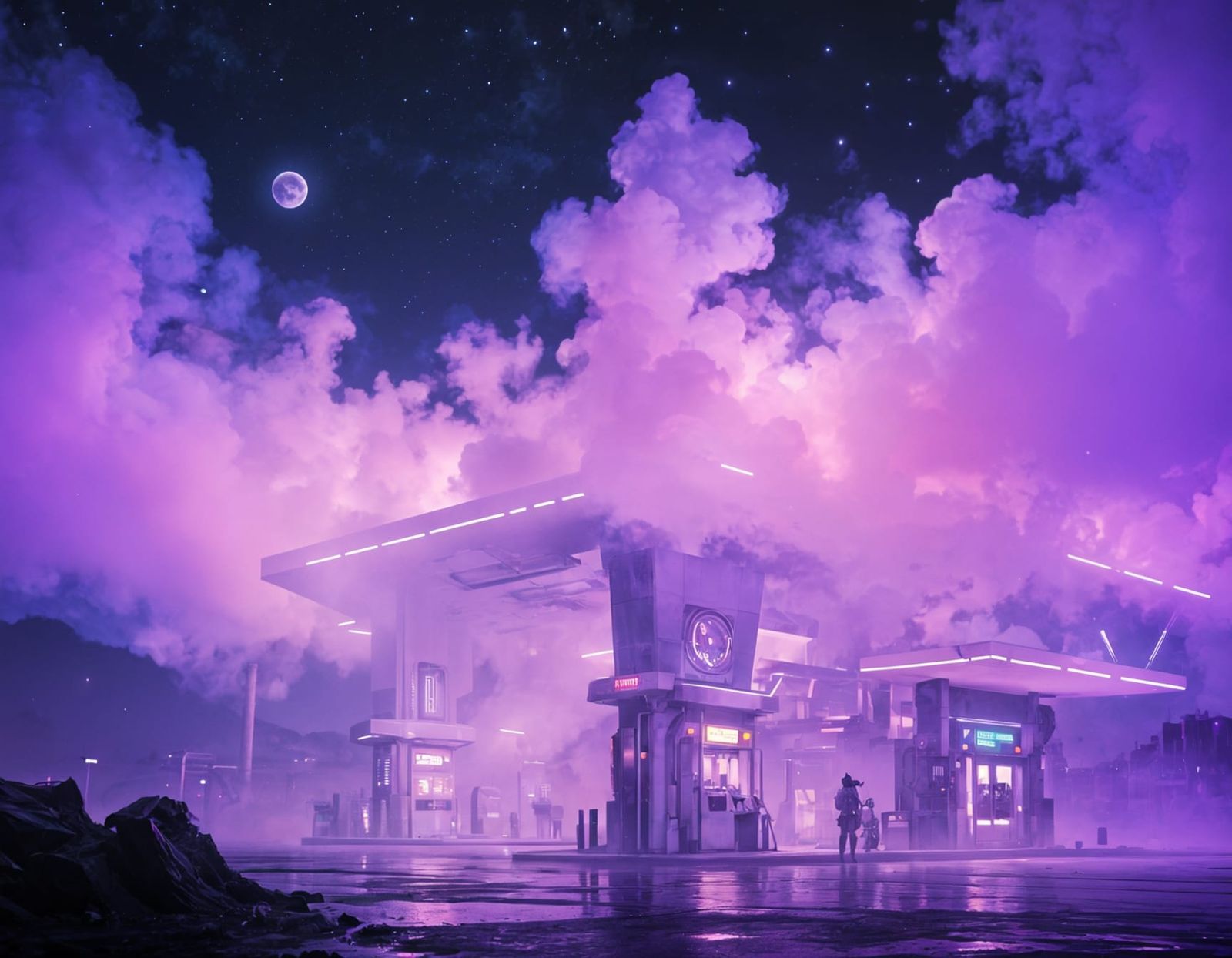 Futuristic Alien Gas Station Radiating Purple Light