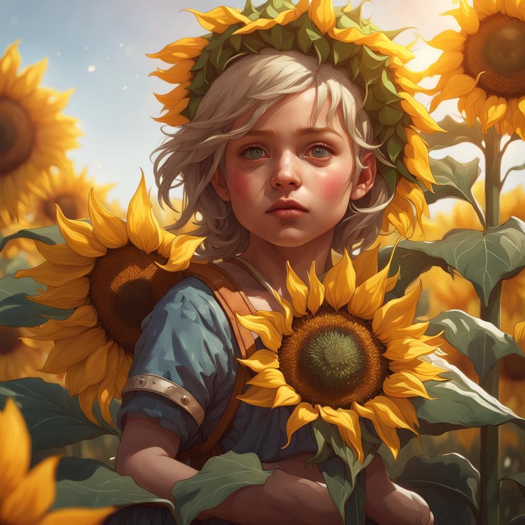 Sunflower Toddler Portrait in Hyperdetailed Art Style