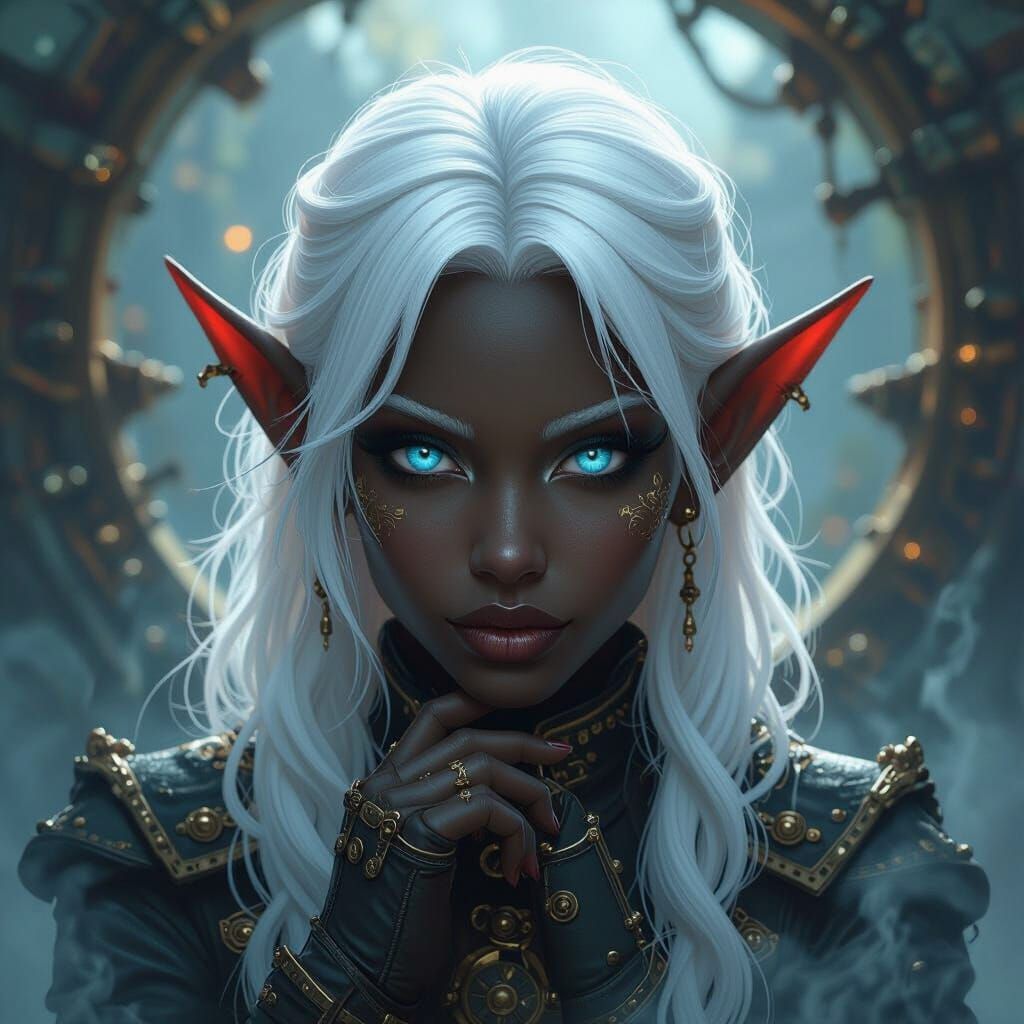 Sinister Elf with Blue Eyes in Steampunk Engine