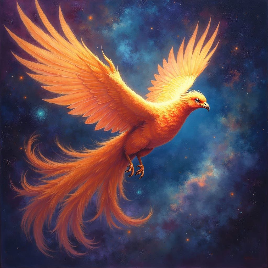Phoenix Soaring Through Nebula in Cosmic Art Style
