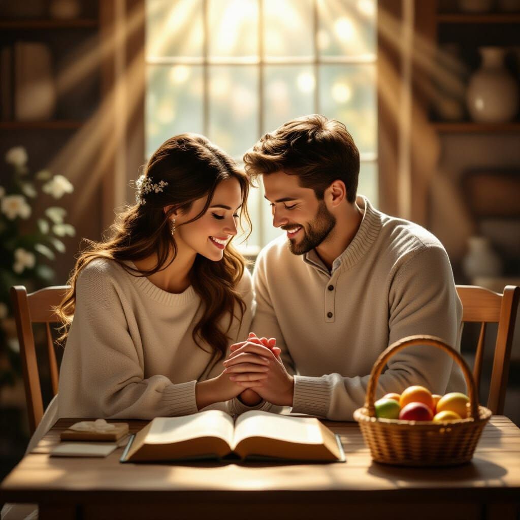 Christian Couple Praying with Heavenly Light