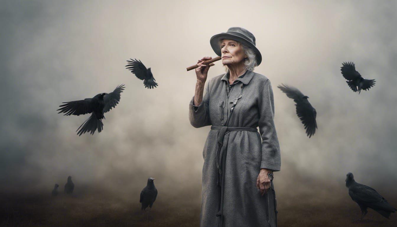 Old Woman with Crow Embroidery Hat in Fog