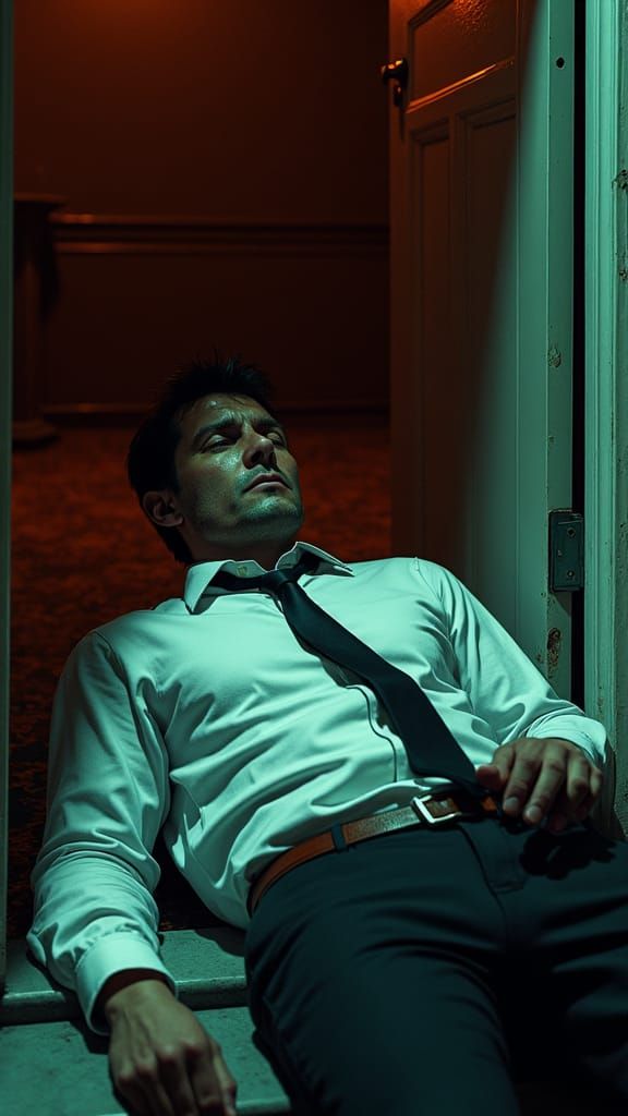 Worn-Out Man on Doorstep in Gritty Realism Style