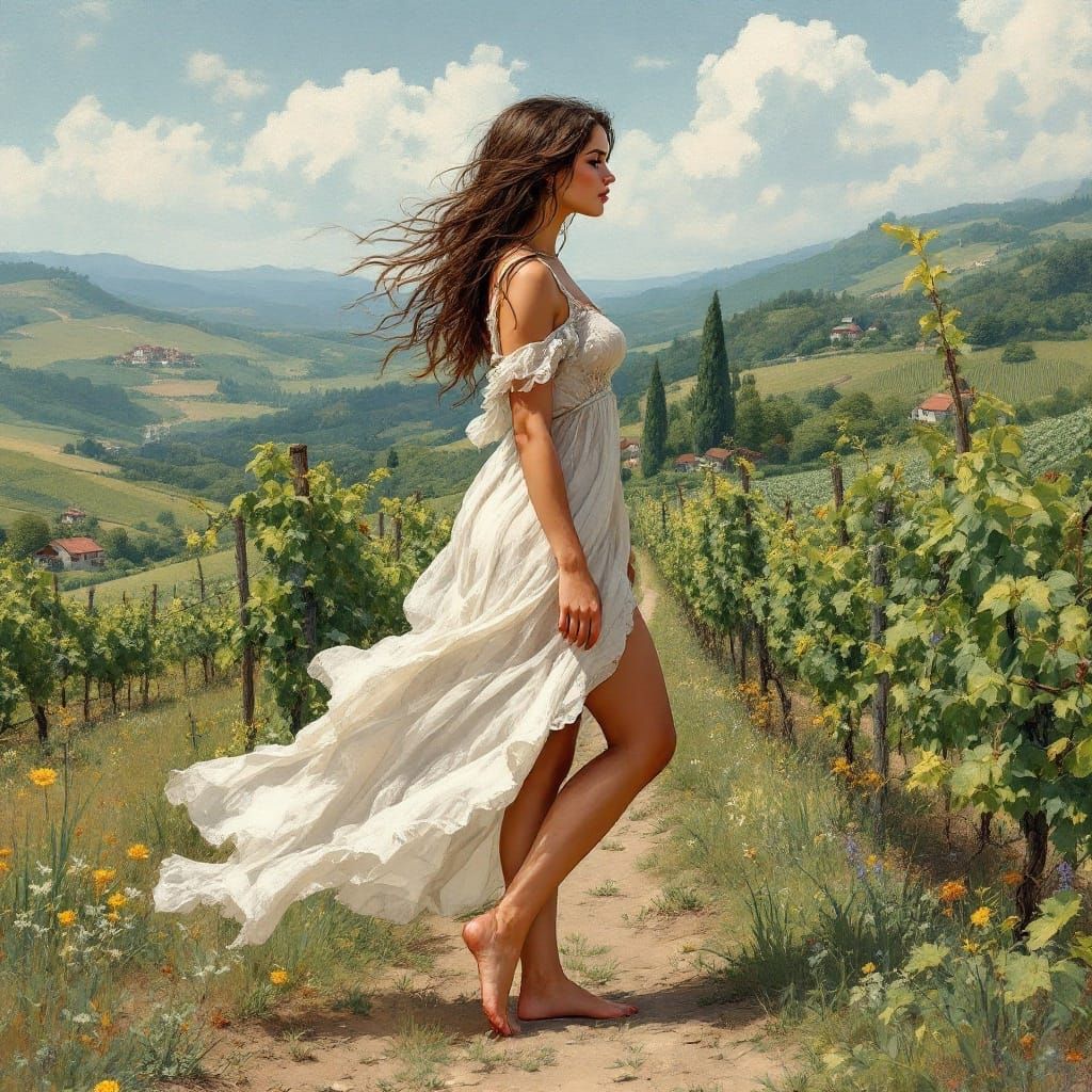 Enchanting Vineyard Maiden in Ethereal Chemise