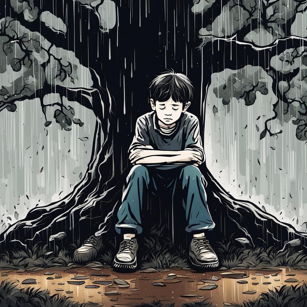 Sad Boy Crying Under Rainy Oak Tree