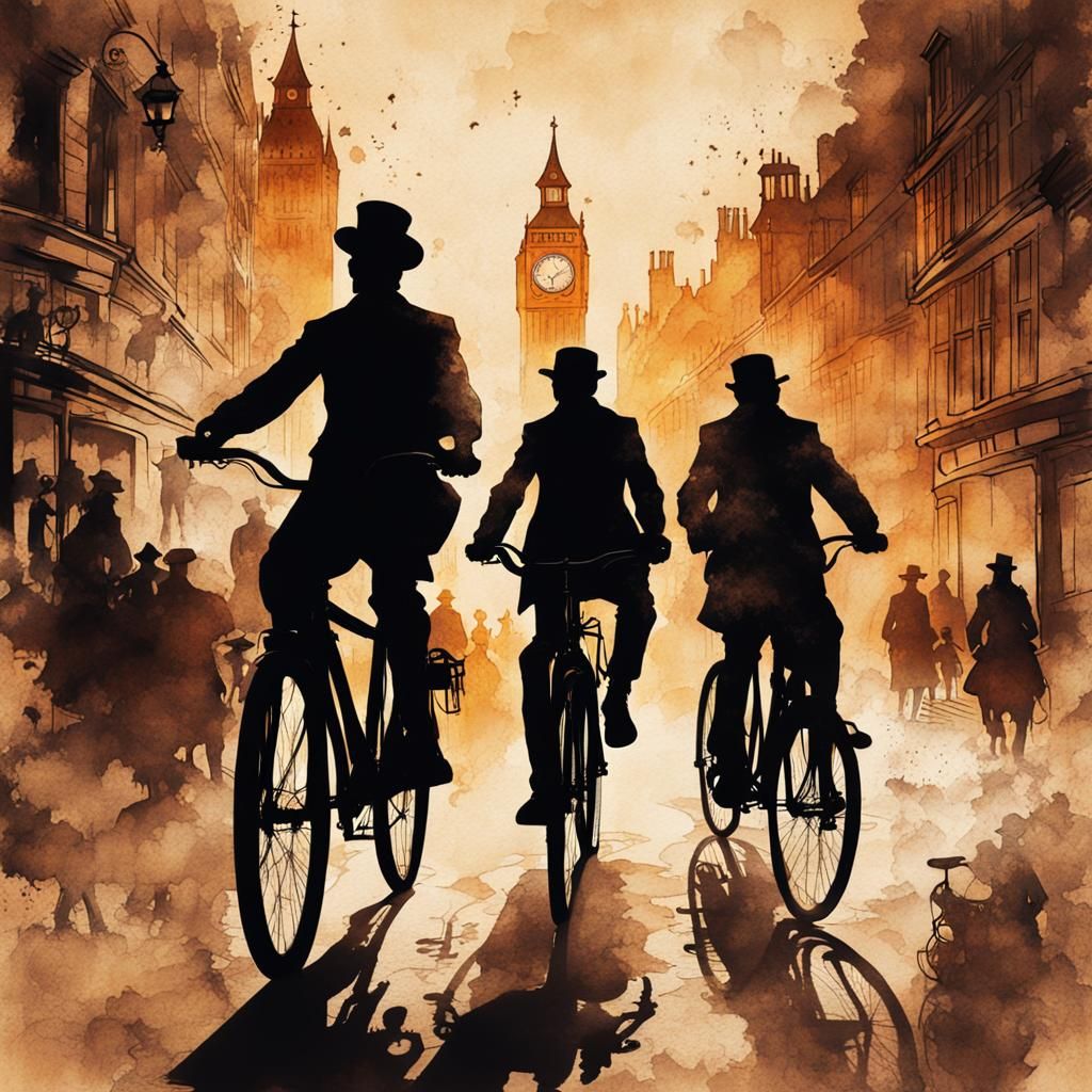 London Cyclists in Steampunk Ink Painting