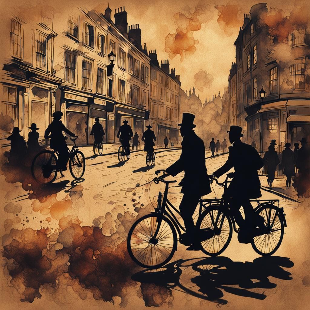 London Cyclists in Steampunk Ink Painting Style