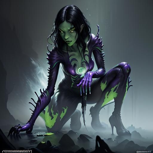Shego as Xenomorph with Green Flames in Dark Fantasy