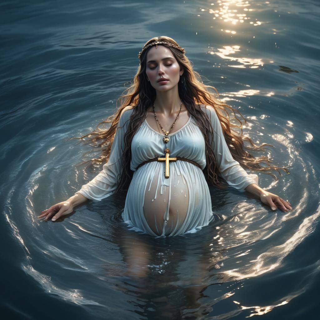 Pregnant Woman Floating at Sea in Catholic Art Style