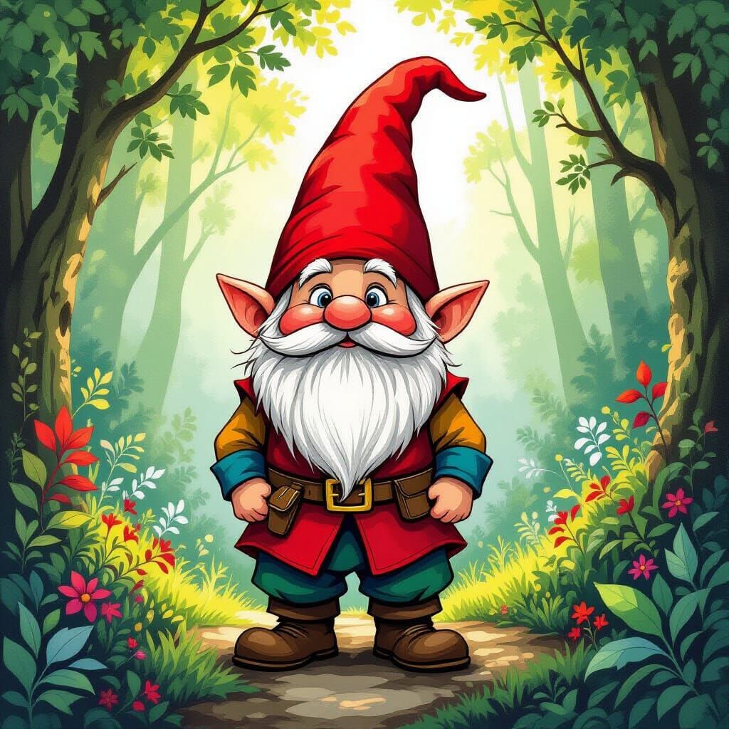 Gnome in Forest, Hand-Drawn Whimsical Style