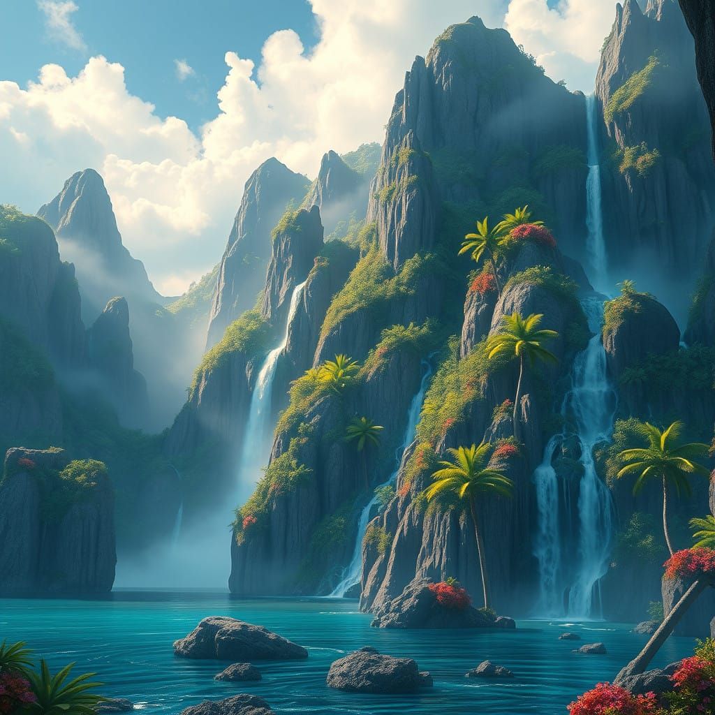 Surreal Tropical Oasis in Vibrant, Dreamlike Colors