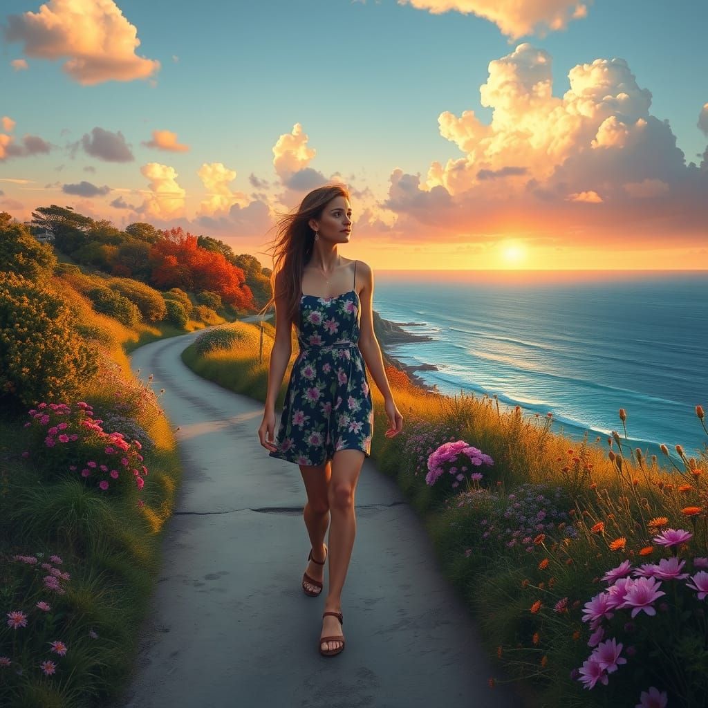 Woman in Floral Dress on Coastal Path, Hyperrealistic Art