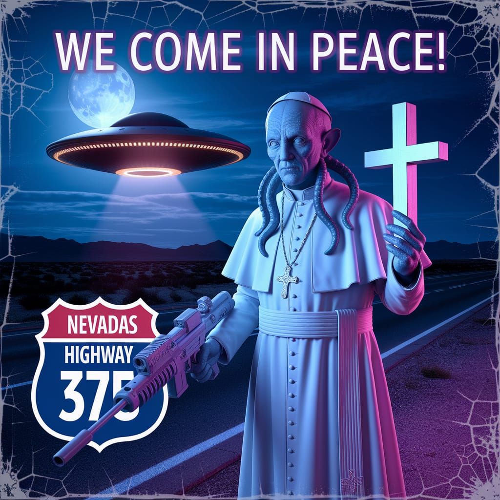 Alien Pope Francis Stands Guard Under Moonlit Sky