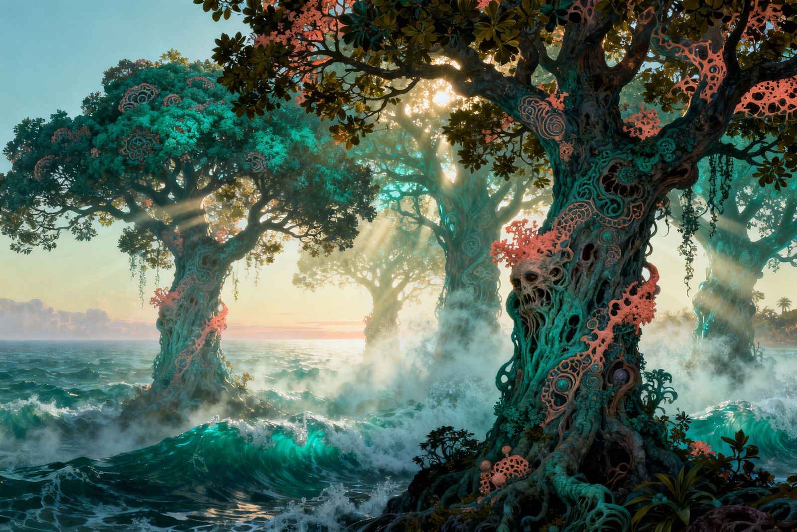 Mystical Sea Through Trees in Dreamlike Orientalist Style