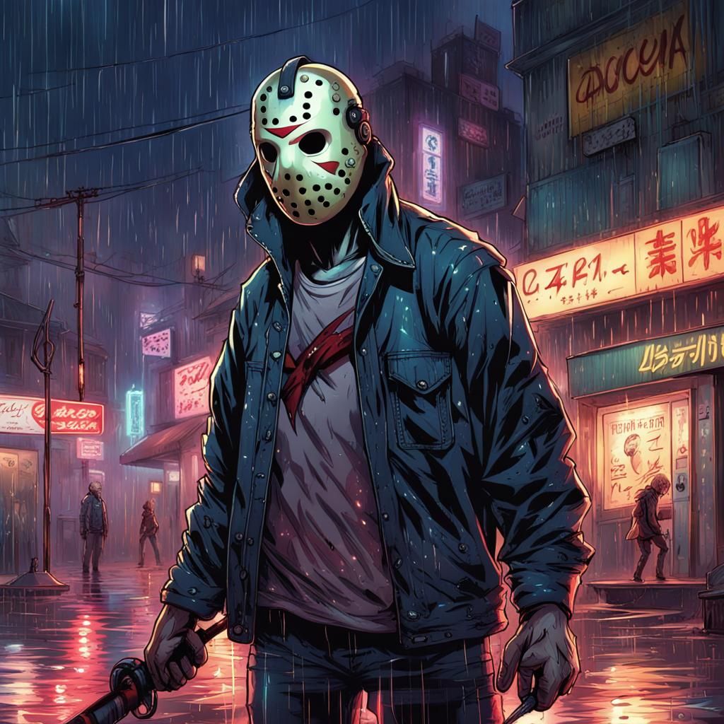 Jason Voorhees in Rainy Neon, Anime Art