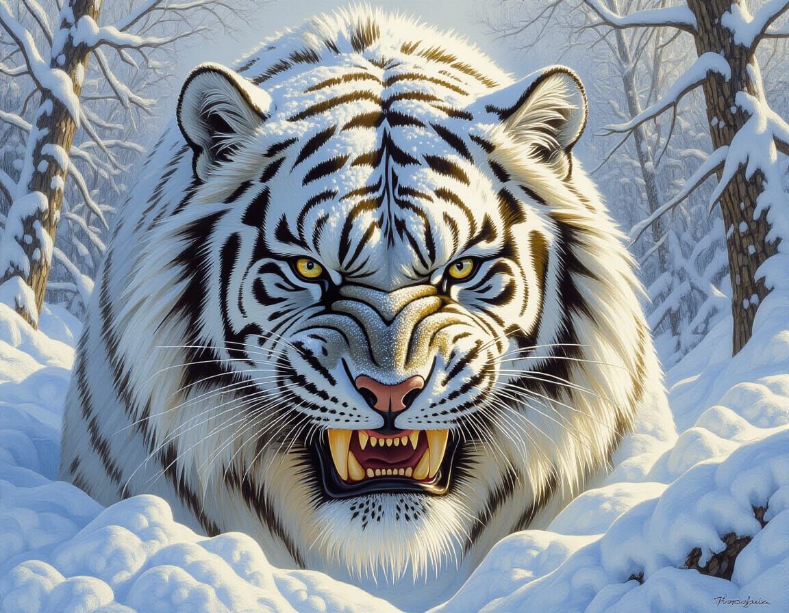 Snowy Sabertooth Tiger Close-up in Detailed Oil Painting Sty...