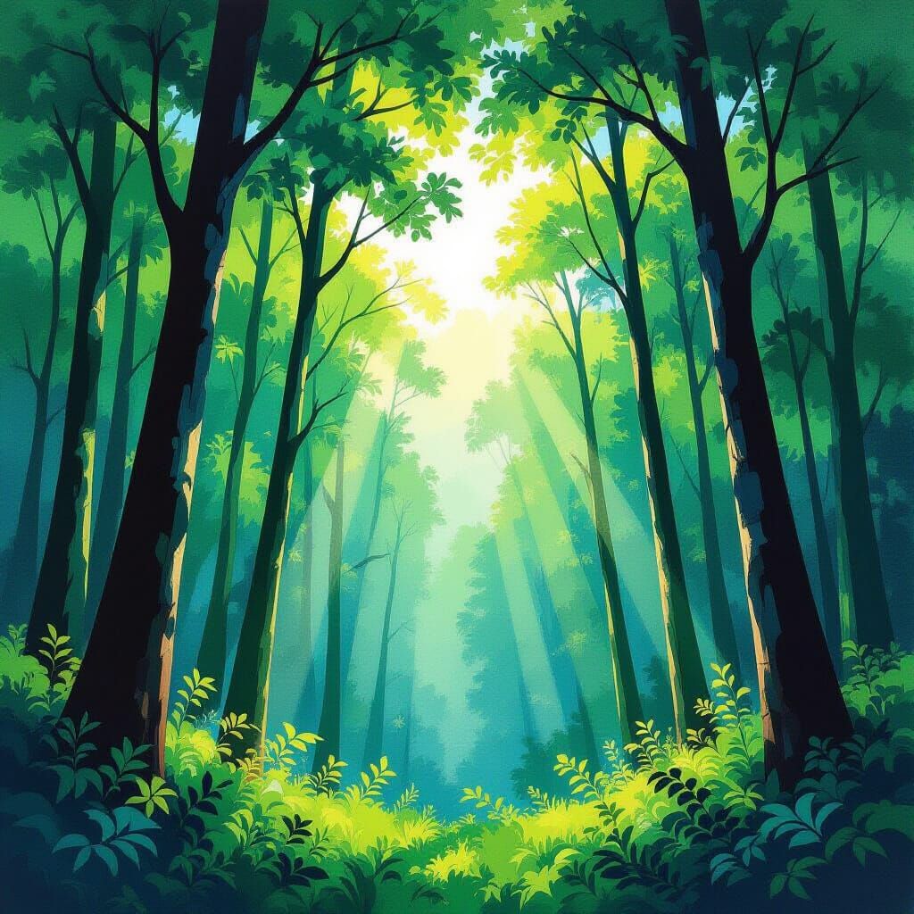 Lush Green Forest in Expressive Gouache Style