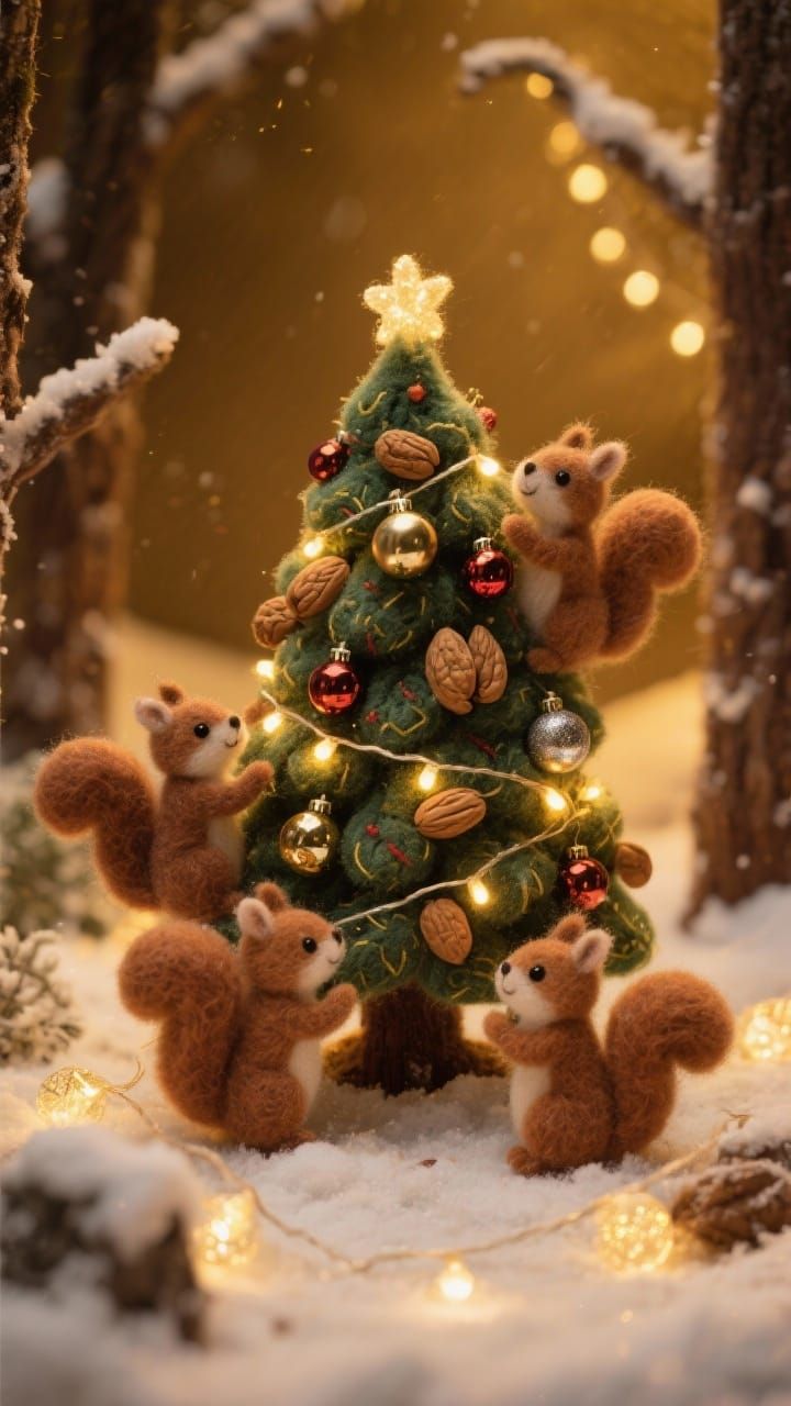 Cute Felt Squirrels Decorate Snowy Christmas Tree