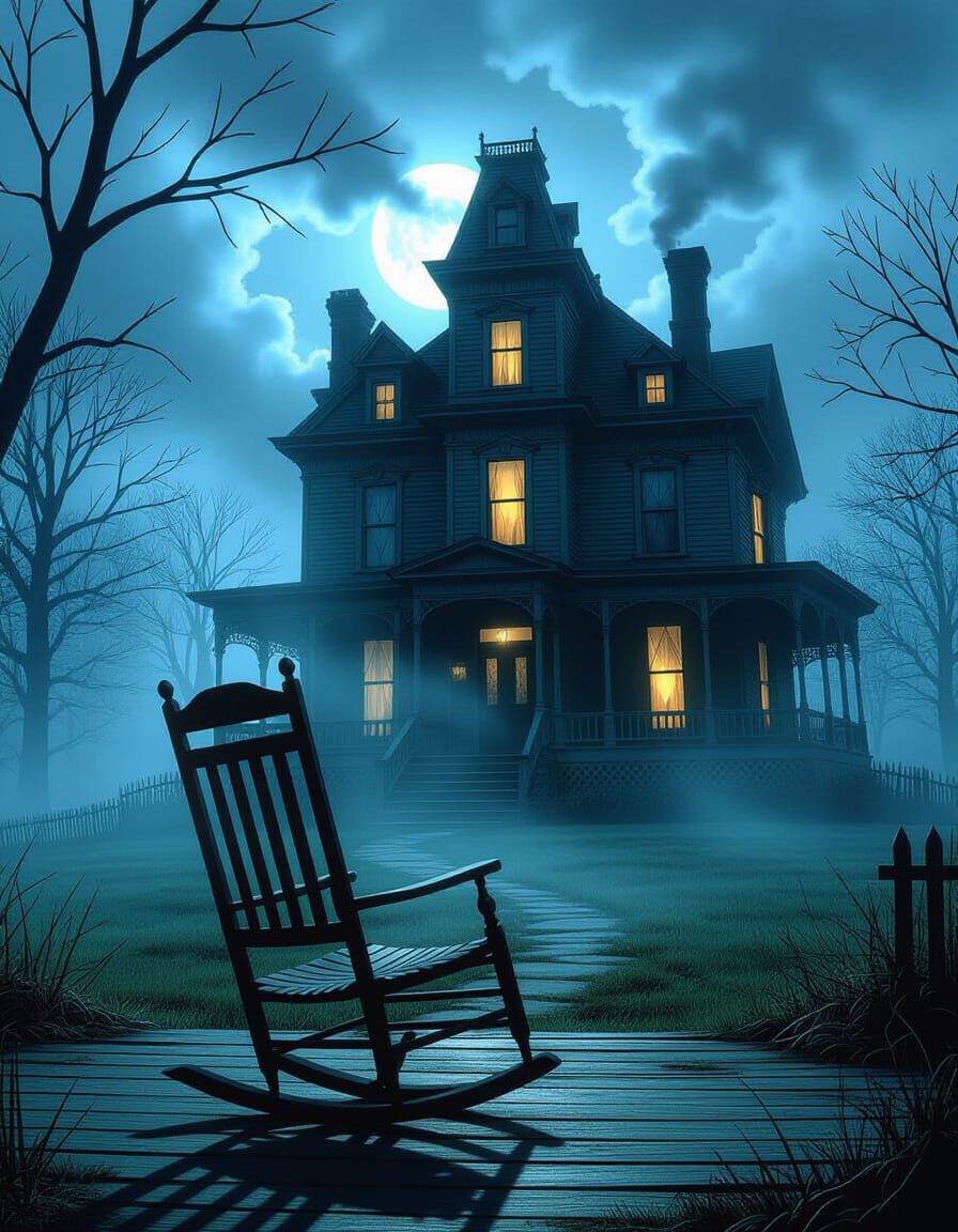 Haunted Victorian Mansion with Rocking Chair, Dark Fantasy A...