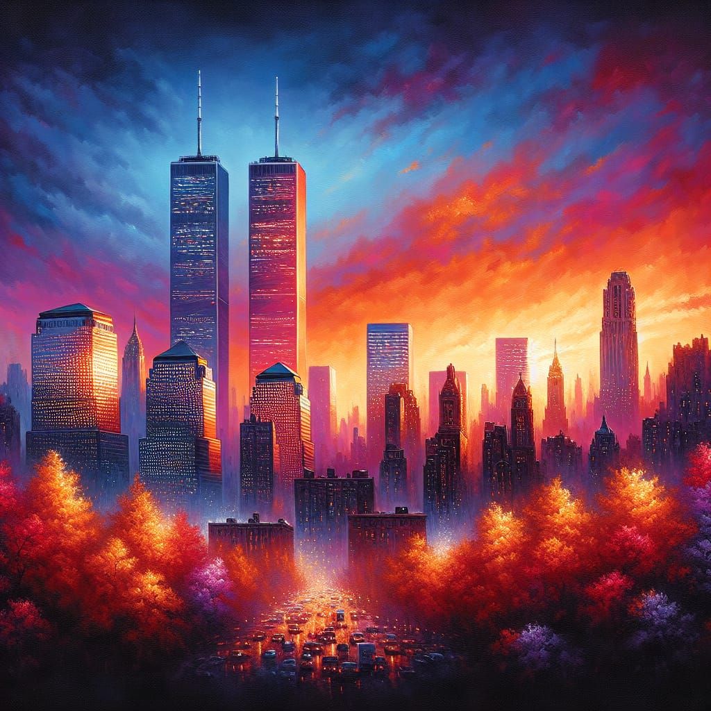 City Sunset Oil Painting with Twilight Sky