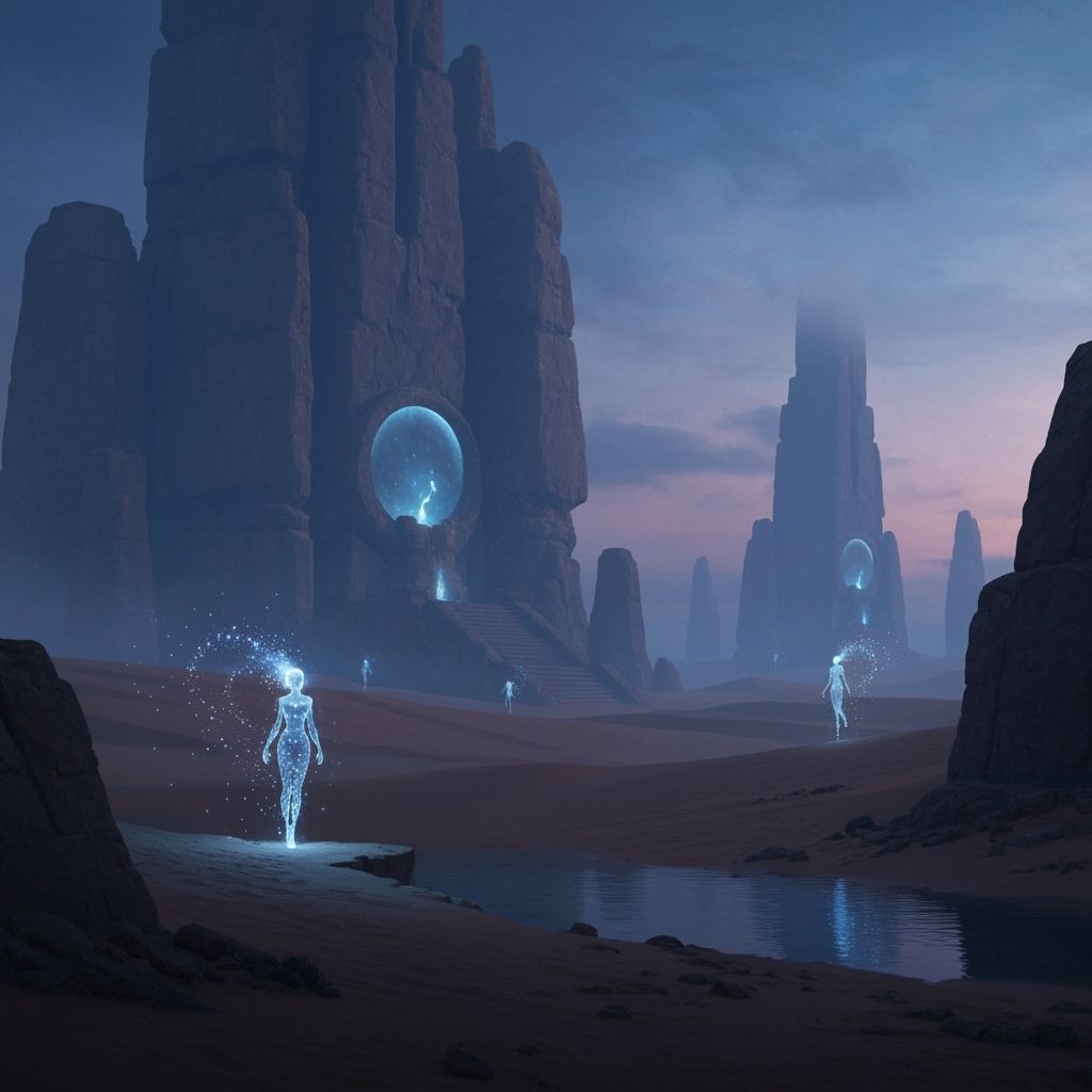 Desert Oasis at Twilight with Ancient Glowing Structures