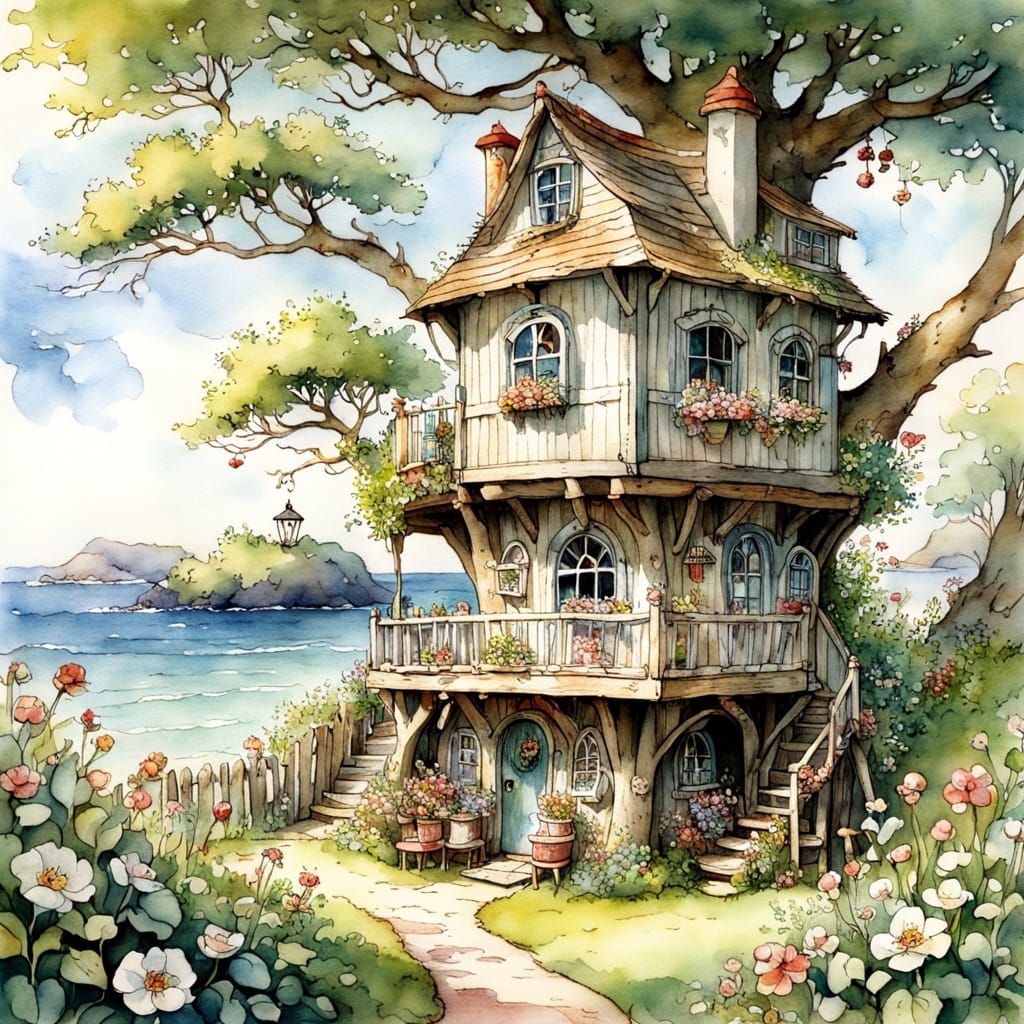 Enchanting Seaside Treehouse in Watercolour Style