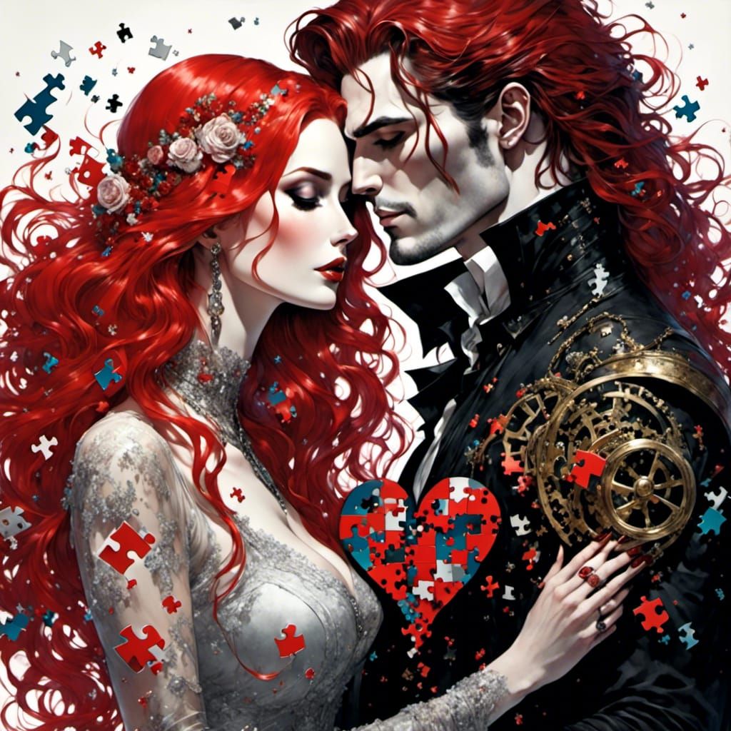 Entwined Lovers with Puzzle Piece Heart, Dark Fantasy