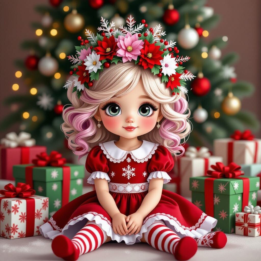 Cute Girl in Festive Dress Surrounded by Christmas Presents