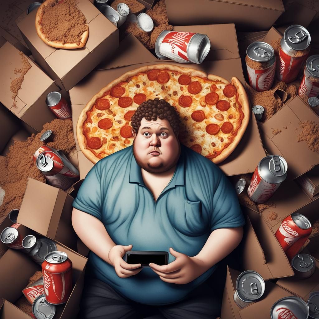 Realistic Photo of Obese Man on Dirty Sofa