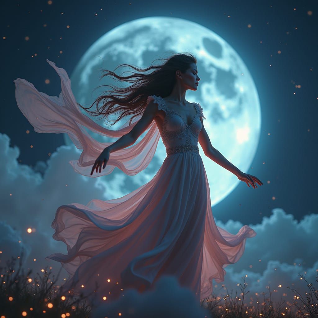 Lunar Goddess Radiating Energy in Dreamy Digital Art