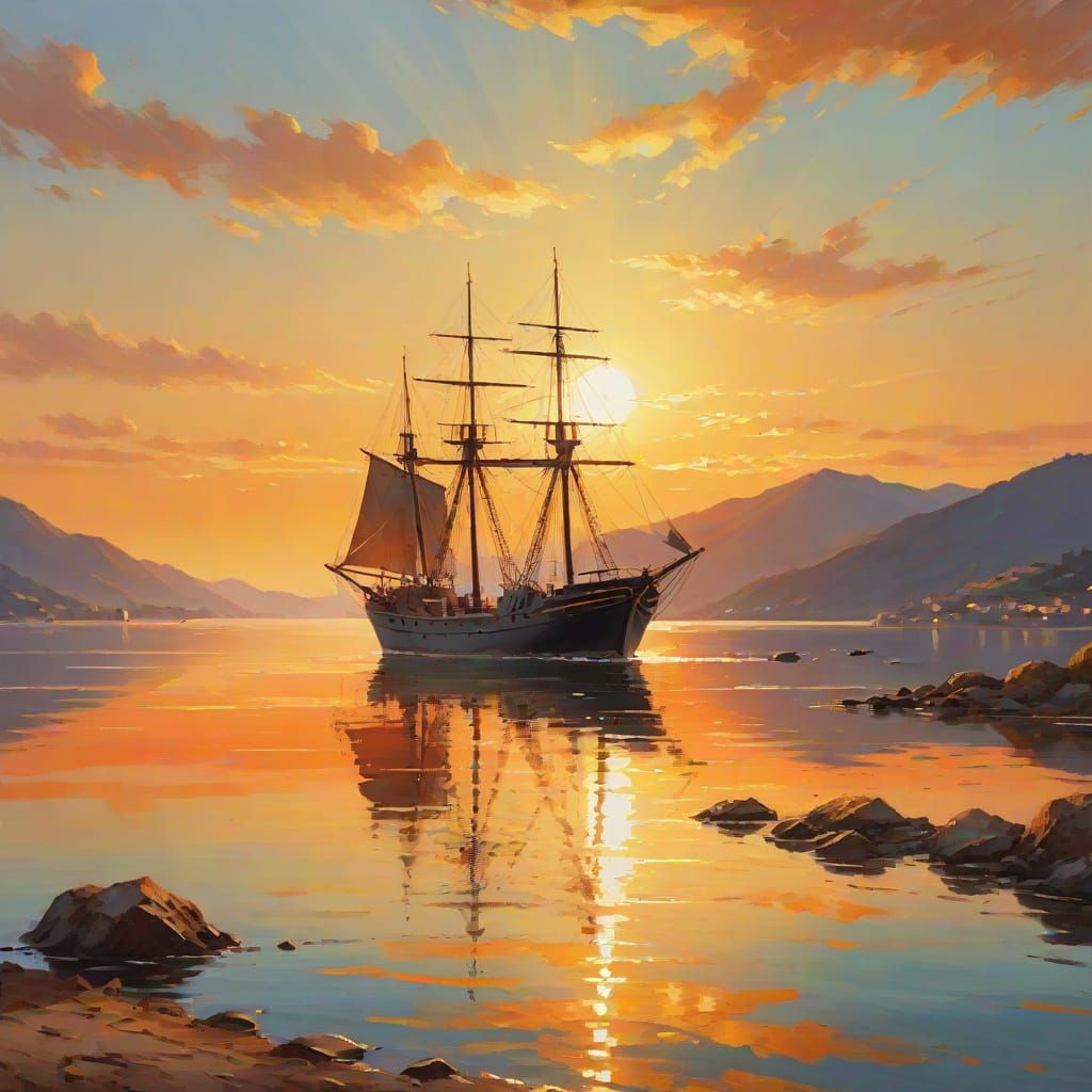 Impressionist Sunset: Ship in Golden Bay