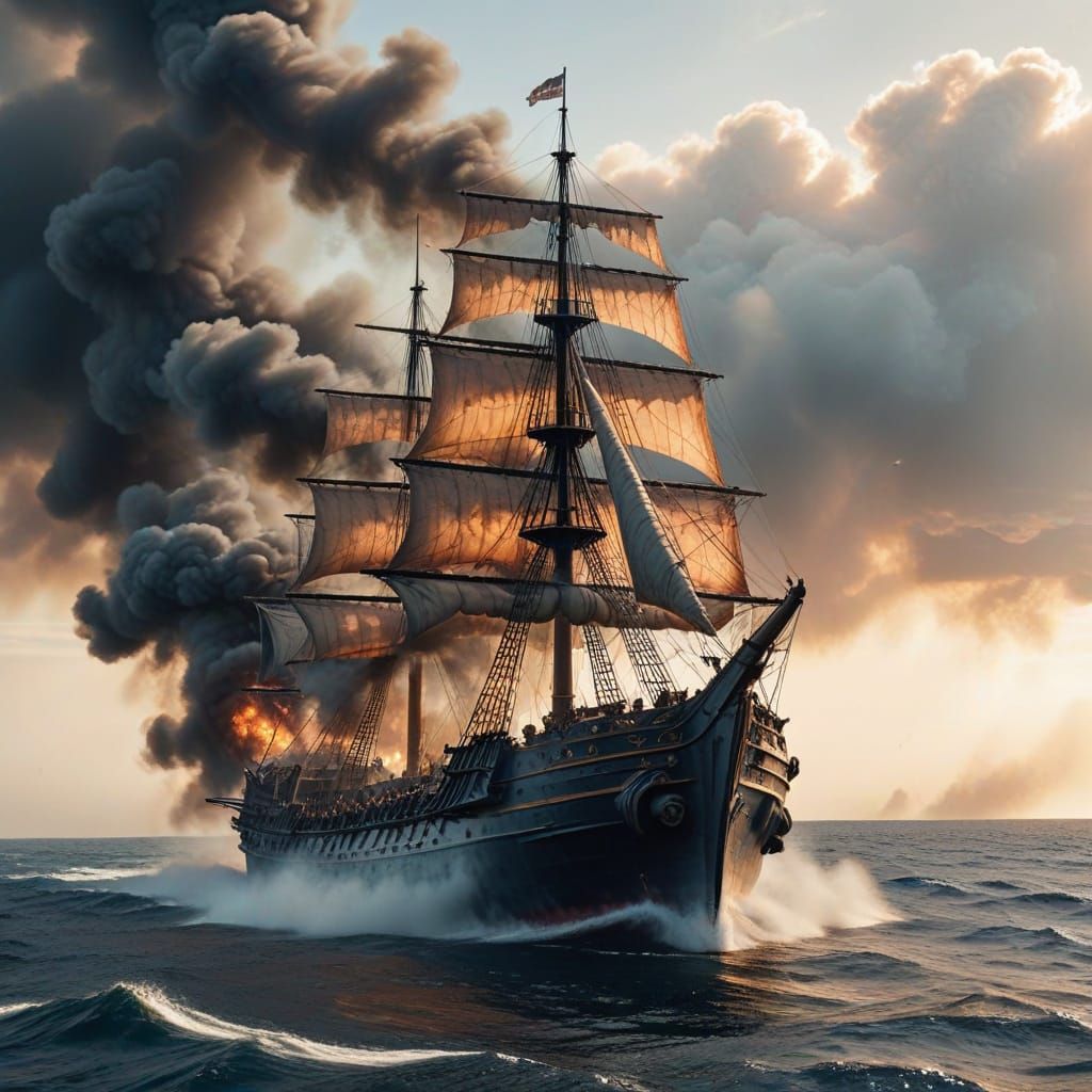 Ancient Greek Warship Engulfed in Battle Smoke