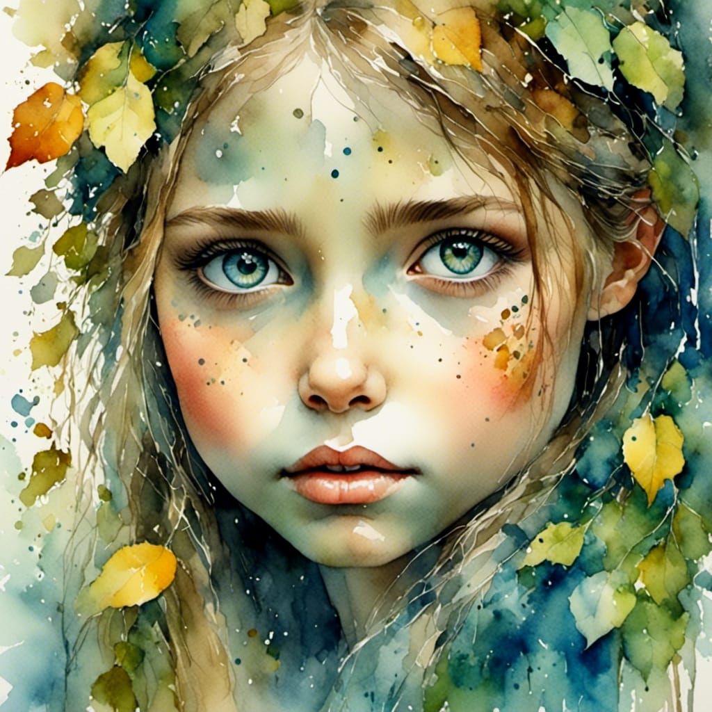 Watercolor Portrait of Girl in Birch Forest