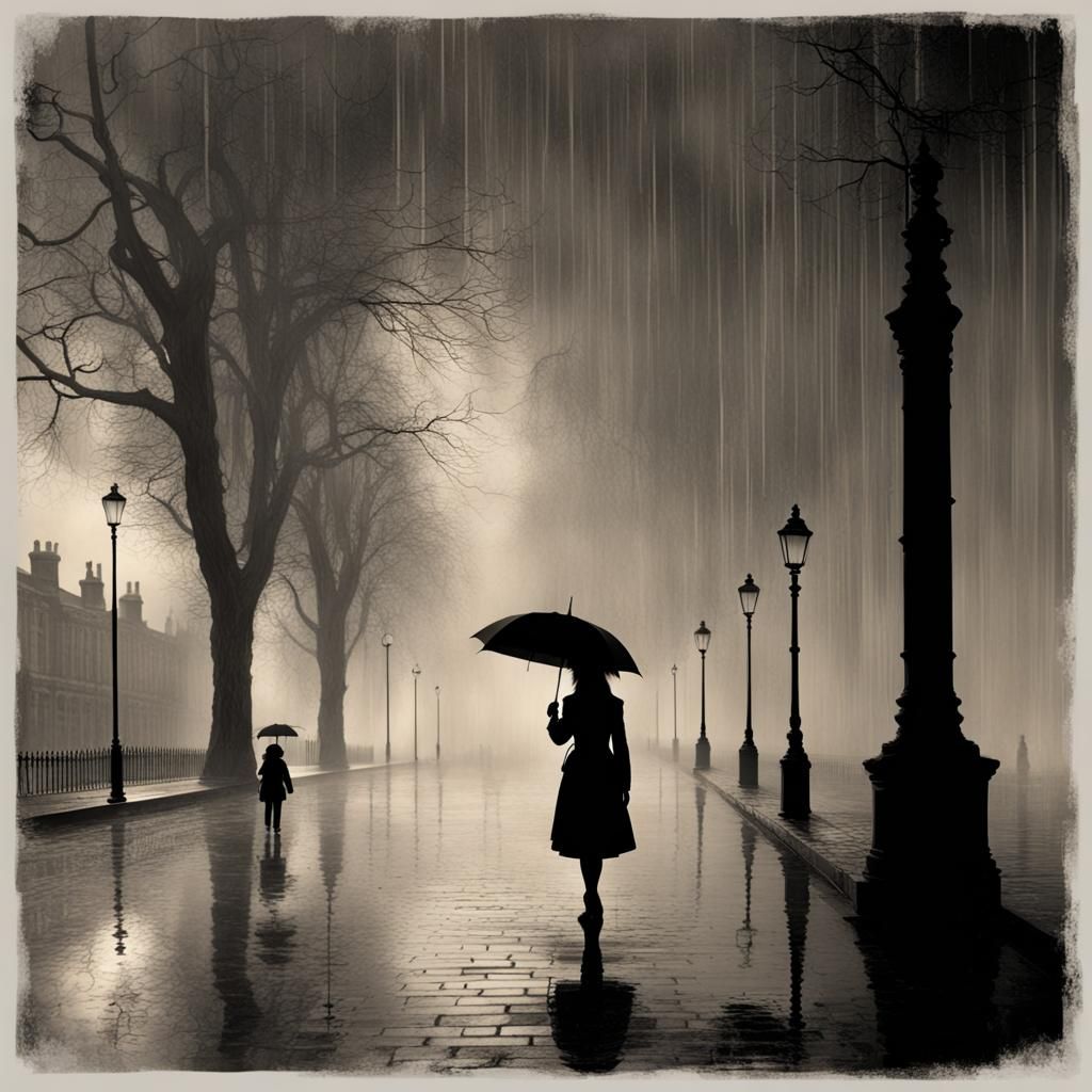 Silhouette of Girl in Rainy London Street