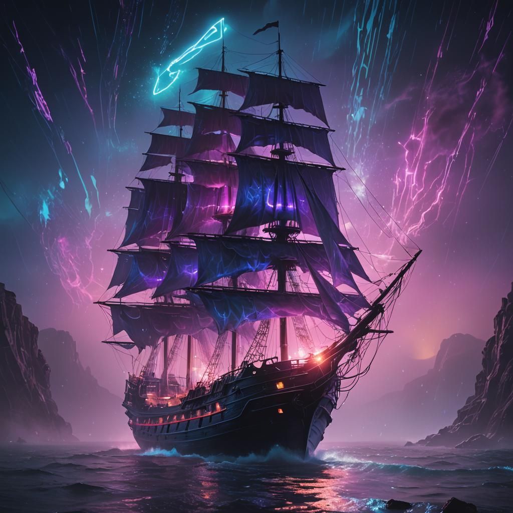 Cyberpunk Ghost Ship Amidst Neon Galaxy