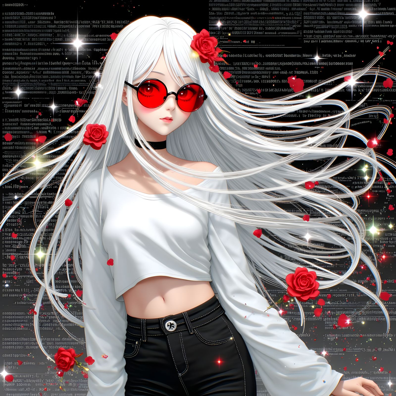 Cute Anime Woman with Red Flowers and Glitch Effects